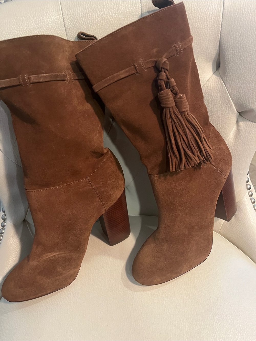 Vince Camuto Chestnut Suede Tassel Mid-Calf Heeled Boots